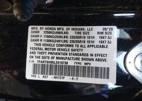 2020 Honda Cr-V Hybrid Touring from USA, damaged, VIN 7FART6H95LE019738